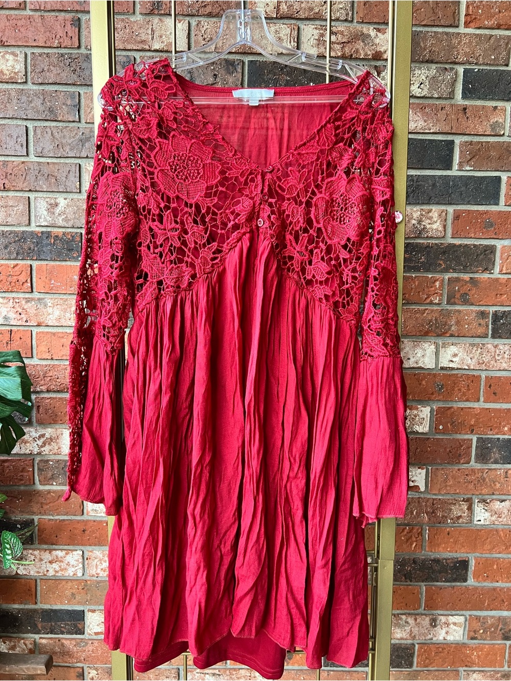 J.Gee Red Long-Sleeve Crochet Yoke Dress
